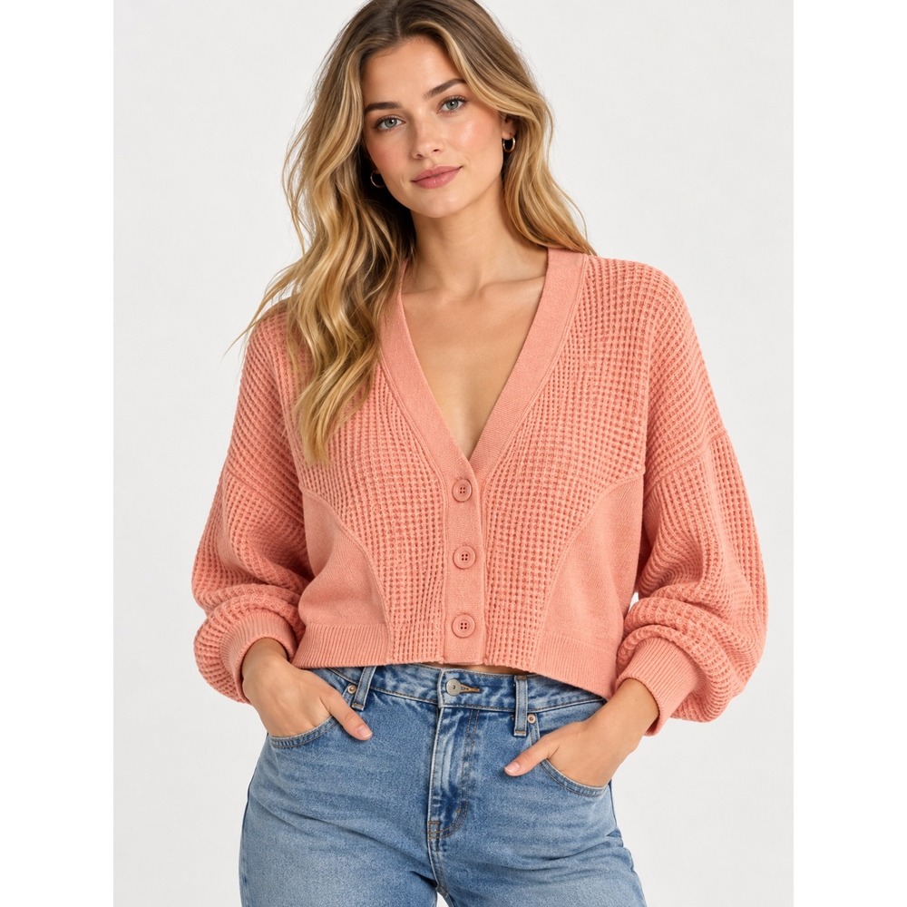 Out From Under Urban Outfitters Coral Waffle Knit Cropped Cardigan Sweater Small